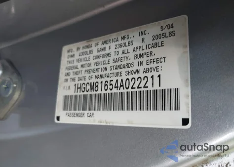 2004 Honda Accord Ex from USA, damaged, VIN 1HGCM81654A022211